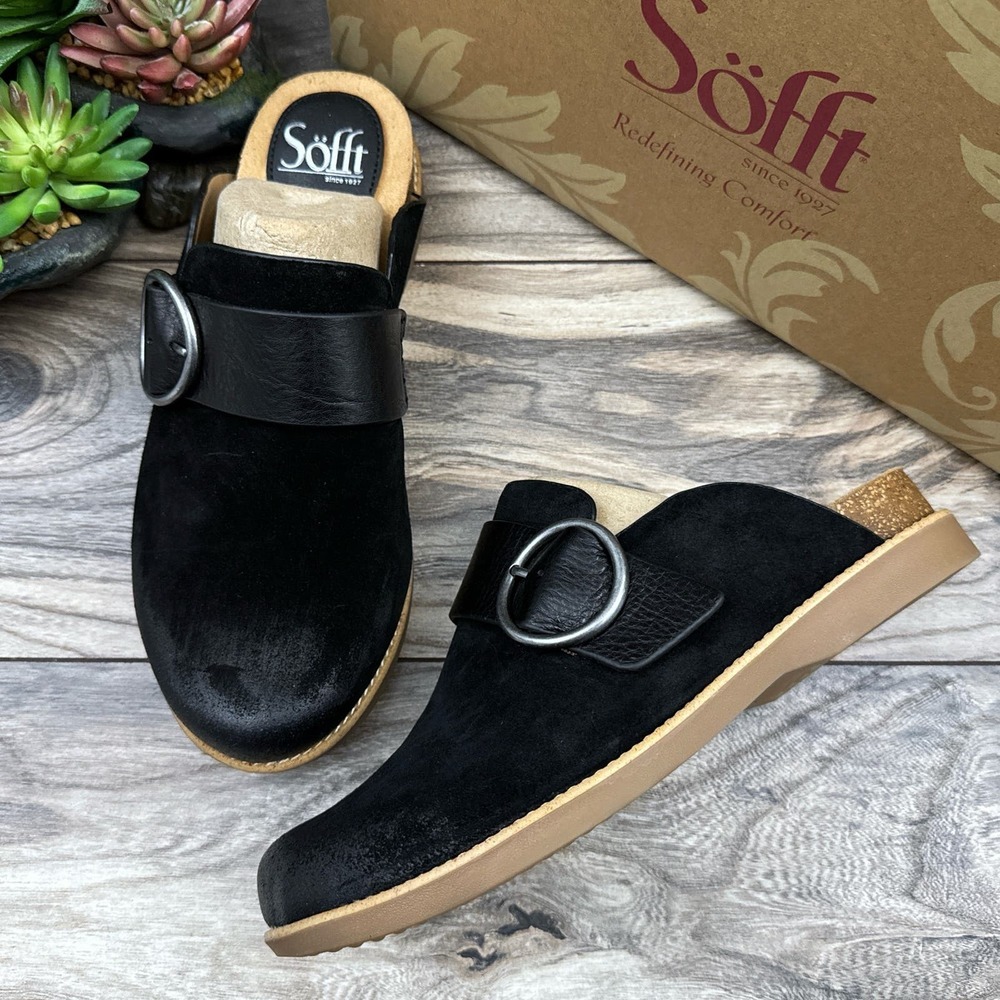 NIB Sofft Bayla 7.5M Suede Leather Slip On Comfort Clogs Mules Black